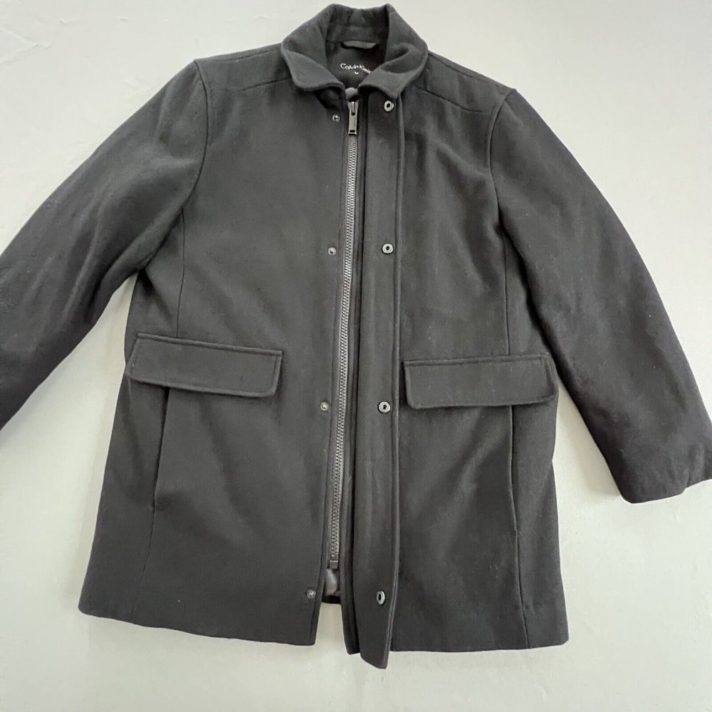 Calvin Klein Men Coat Wool Blend Size MEDIUM Black Hidden Zipper Snap Collared - Picture 2 of 8